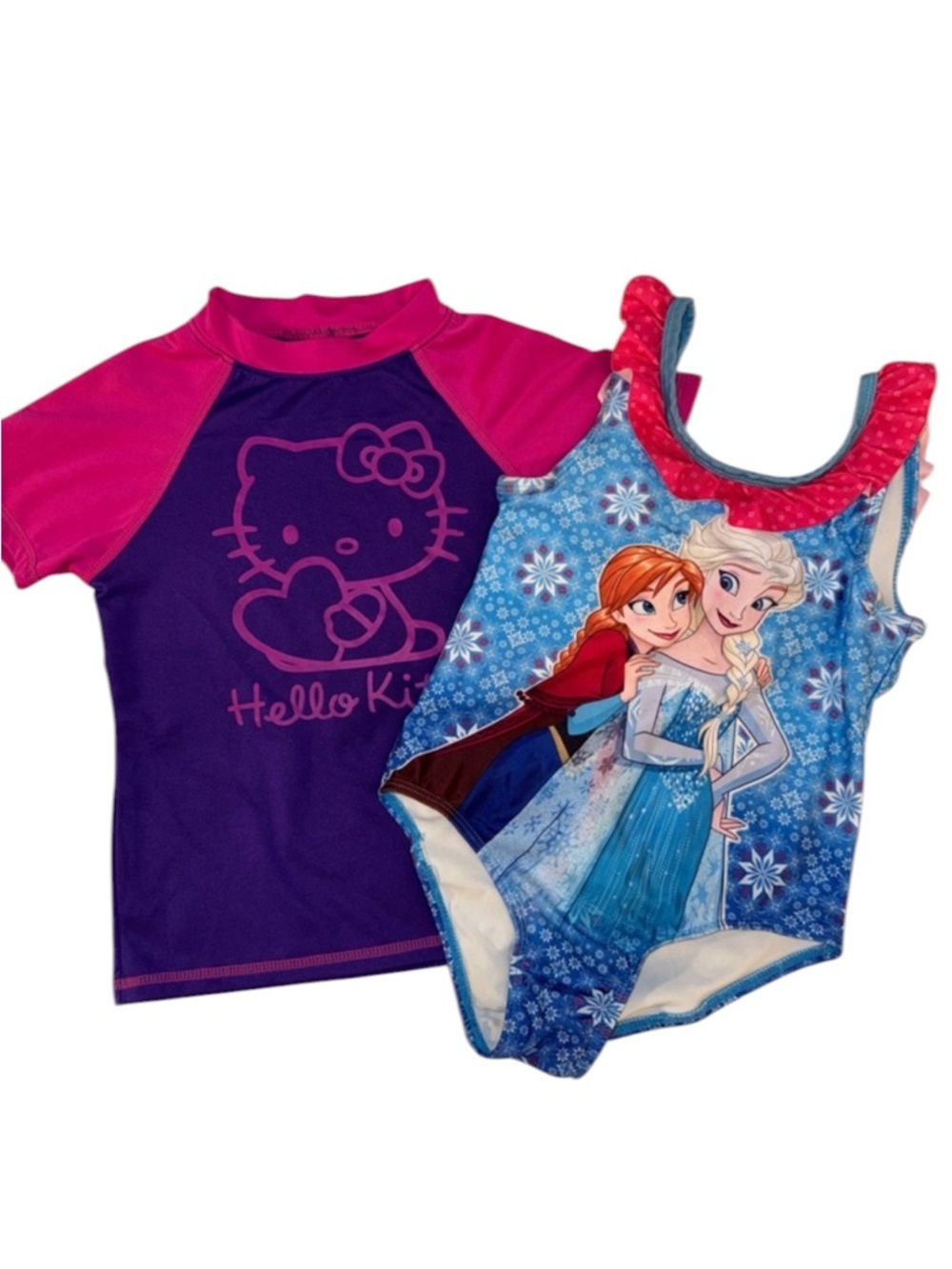 Disney Frozen Swimsuit 5T + Hello Kitty Rash Guard Pink Purple Set